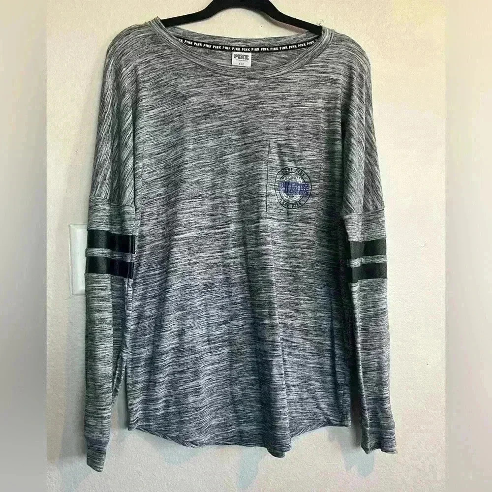 Victoria's Secret PINK Nation~Long Sleeve~Grey w/Blue Logo~ Tshirt Top~ Small